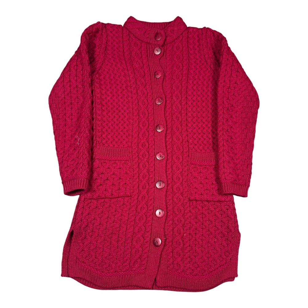 Aran Crafts‎ Ireland Merino Wool Red Long Cardigan Sweater Women's XS NEW FLAWS